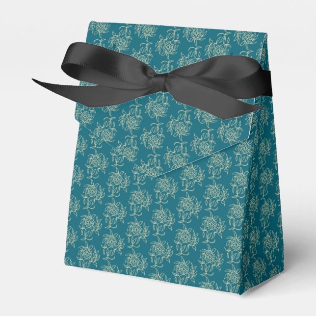 Ethnic Style Floral Mini-print Beige on Teal Favor Box (Front Side)