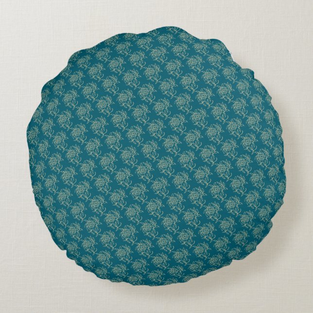 Ethnic Style Floral Mini-print Beige on Teal Round Pillow (Back)
