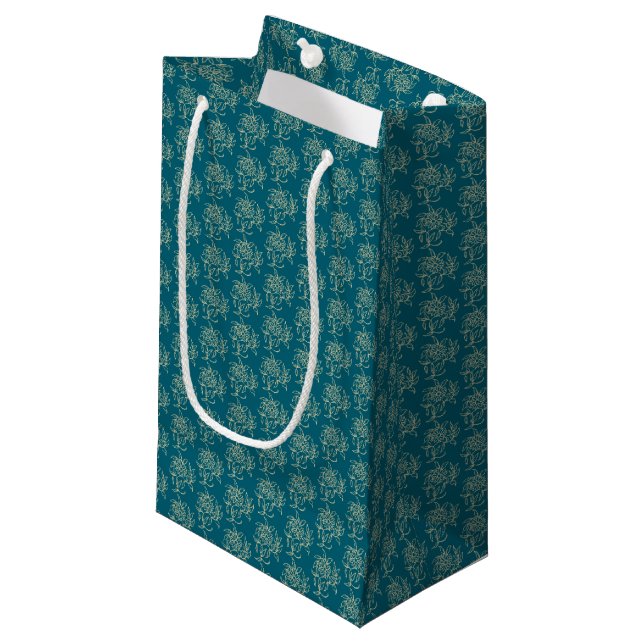 Ethnic Style Floral Mini-print Beige on Teal Small Gift Bag (Front Angled)