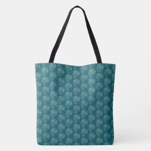 Ethnic Style Floral Mini-print Beige on Teal Tote Bag