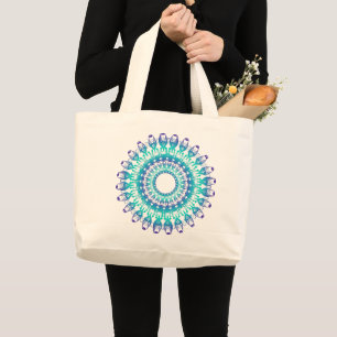 ethnic teal mandala. large tote bag