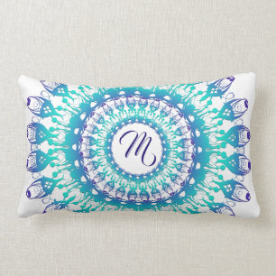 Ethnic teal mandala. monogram. lumbar pillow