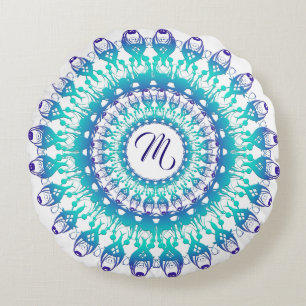 Ethnic teal mandala. monogram. round pillow