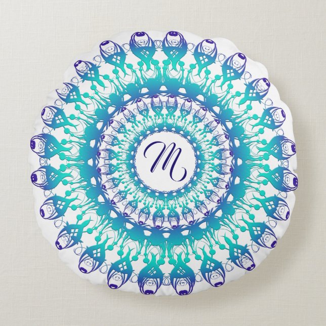 Ethnic teal mandala. monogram. round pillow (Front)