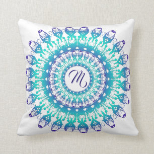 Ethnic teal mandala. monogram. throw pillow