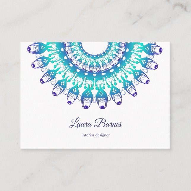 ethnic teal mandala. Text. Business Card (Front)