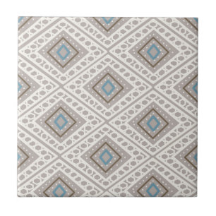  Ethnic Tile Pattern Print, blue, ecru, brown tile