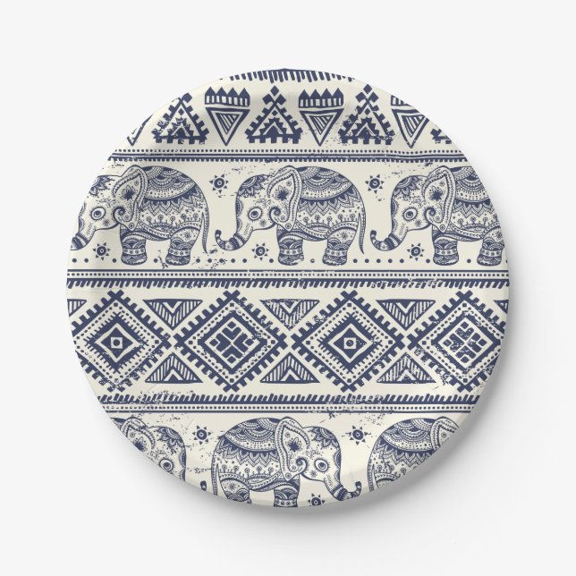Ethnic Tribal Aztec Elephant Pattern Paper Plate (Front)