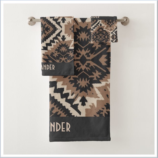 Ethnic Tribal Mudcloth Black & Tan Bath Towel Set (Creator Uploaded)