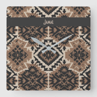 Ethnic Tribal Mudcloth Black & Tan Square Wall Clock