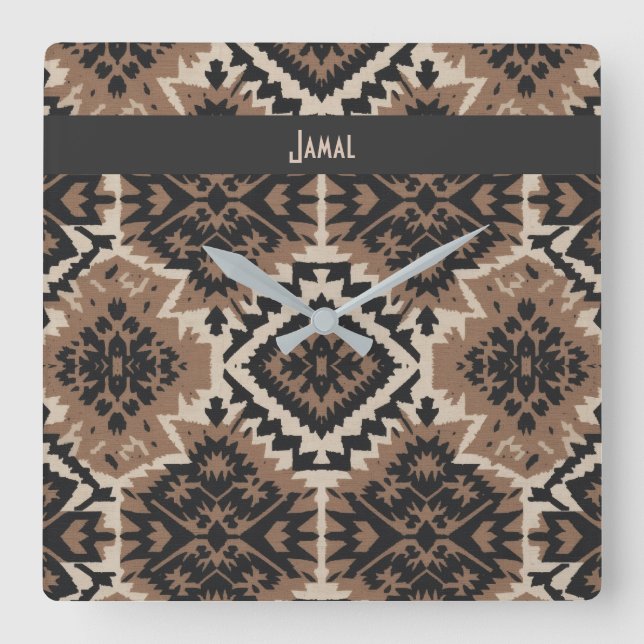 Ethnic Tribal Mudcloth Black & Tan Square Wall Clock (Front)