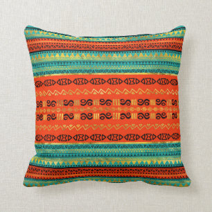 Ethnic Tribal Pattern Gold Orange and Teal Throw Pillow