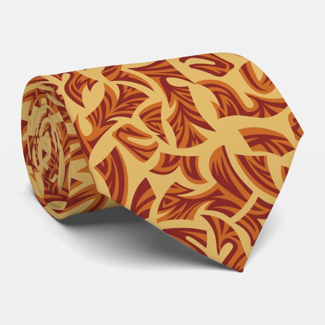 Ethnic Tribal Pattern Orange Brown Beige Tie (Rolled)