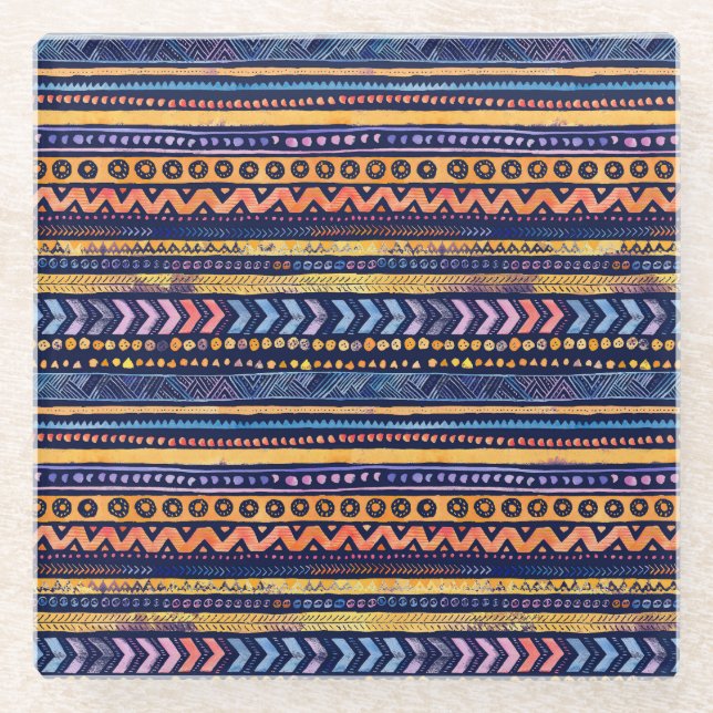 Ethnic Tribal Watercolor Dark Pattern Glass Coaster (Front)