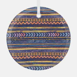 Ethnic Tribal Watercolor Dark Pattern Glass Ornament