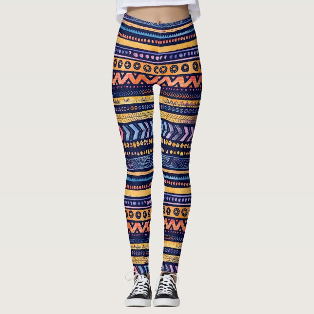 Ethnic Tribal Watercolor Dark Pattern Leggings (Front)
