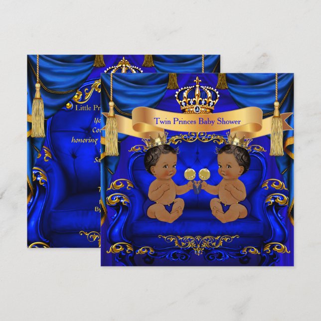 Ethnic Twin Baby Shower Boy Prince Blue Gold Invitation (Front/Back)