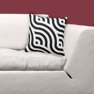 Ethnic White Wave Pattern Black Throw Pillow