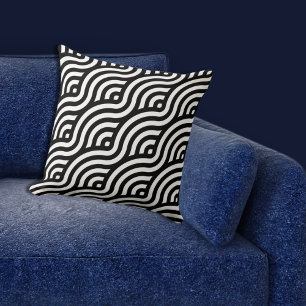Ethnic White Wave Pattern Black Throw Pillow