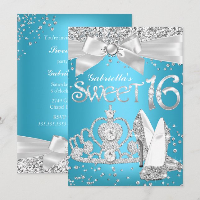 Étincelle Tiara Talons doux 16 Invitation Bleu (Devant / Derrière)