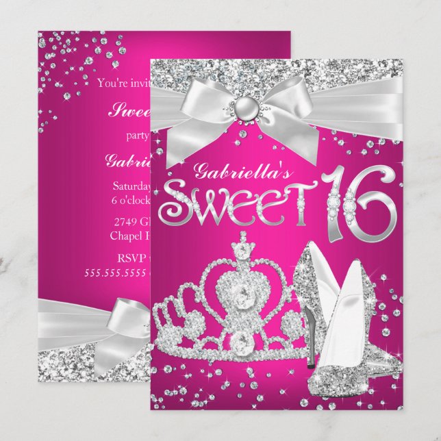 Étincelle Tiara & talons doux 16 Invitations Rose  (Devant / Derrière)