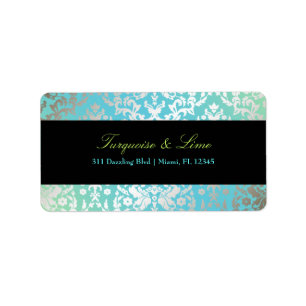 Étiquette 311-Dazzling Damask Turquoise & Lime Black
