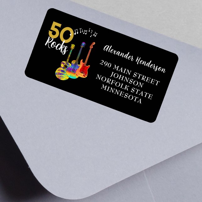 Étiquette 50e anniversaire 50 roches (Rock and roll 50th birthday return address label funky psychedelic guitars & 50 Rocks gold and black)