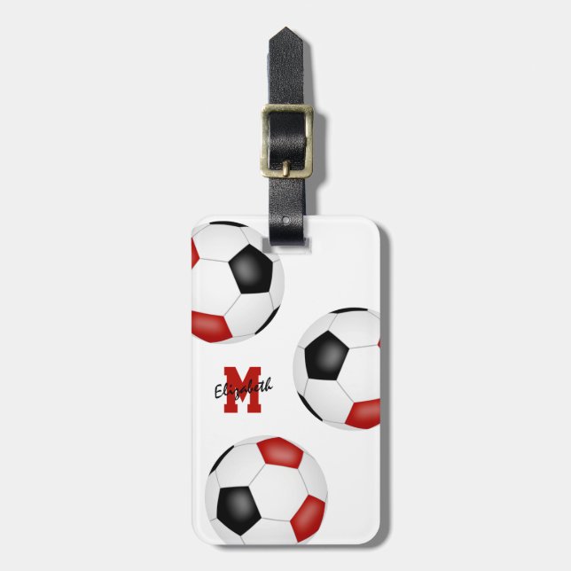 Étiquette À Bagage 3 balles de football noir rouge monogrammed (Devant Vertical)