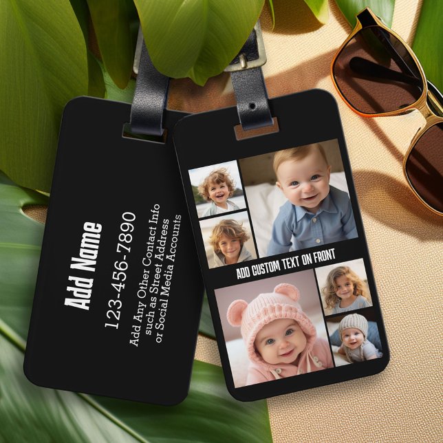 Étiquette À Bagage 6 Collage de photos Texte facultatif — Noir (Personalized Luggage and Bag Tag)