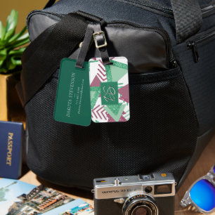 Étiquette À Bagage 80s Abstraits frais   Monogramme rose et vert