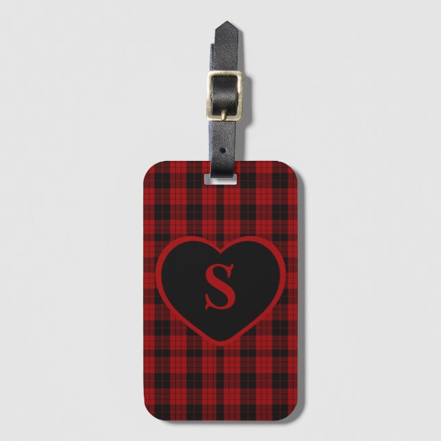 Étiquette À Bagage à damiers Monogramme Noël Rouge Buffle Plaid (Devant Vertical)