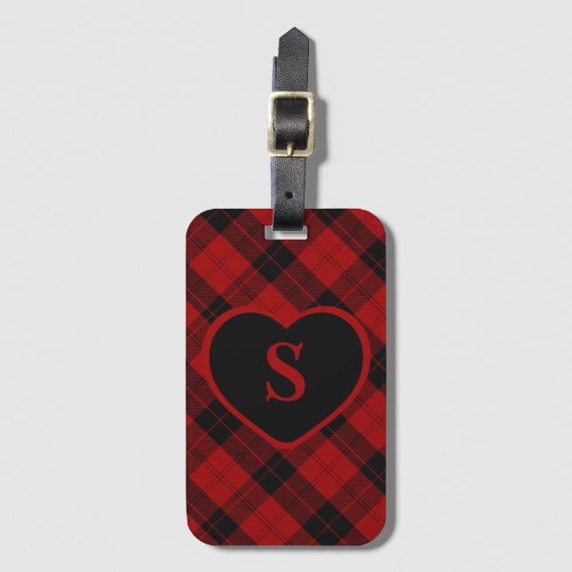 Étiquette À Bagage à damiers Monogramme Noël Rouge Buffle Plaid (Devant Vertical)