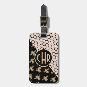 Étiquette À Bagage Abeilles noires et d'or et monogramme d'abeille ro