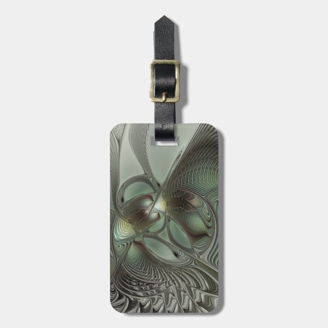 Étiquette À Bagage Abstrait Olive Sage Green Grey Fractal Art Imagina (Devant Vertical)