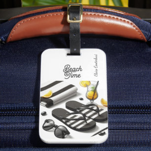 Étiquette À Bagage Accessoires de plage noir et blanc