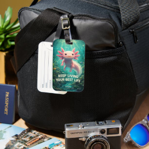 Étiquette À Bagage Adorable Axolotl Rose avec "Meilleure Vie" Motivat