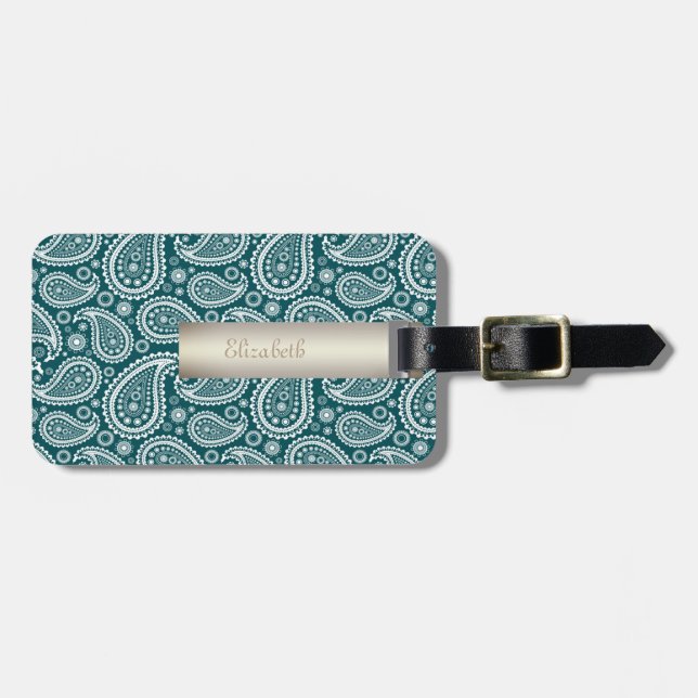 Étiquette À Bagage Adorable Turquoise bleu et blanc Paisley personnal (Devant horizontal)