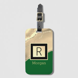 Étiquette À Bagage Agate dorée, boîte noire, nom/monogramme, vert