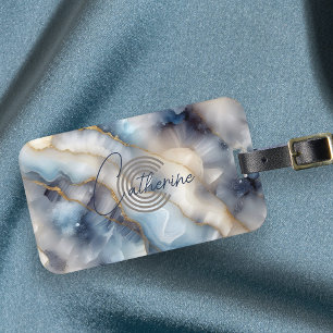 Étiquette À Bagage Agate en marbre bleu et or élégant et brillant