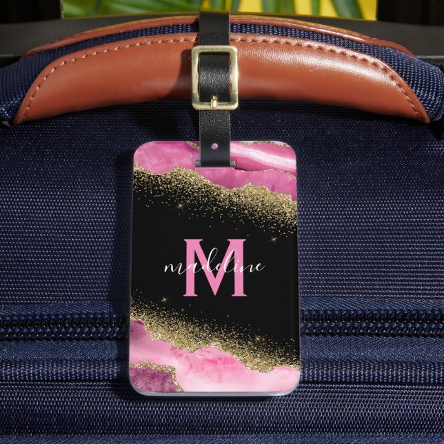 Étiquette À Bagage Agate Géode Rose Monogrammée (Insitu Rectoal 2)