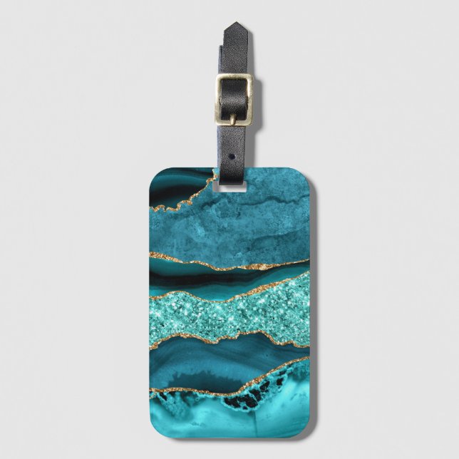 Étiquette À Bagage Agate Turquoise Blue Gold Parties scintillant Marb (Devant Vertical)