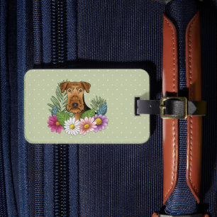 Étiquette À Bagage Airedale Terrier Avec Fleurs Colorées Et Texte