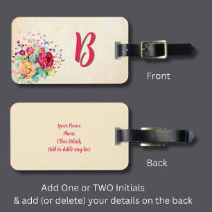 Étiquette À Bagage Ajouter Initial, Pastel Doux Floral Rose Jaune Ros