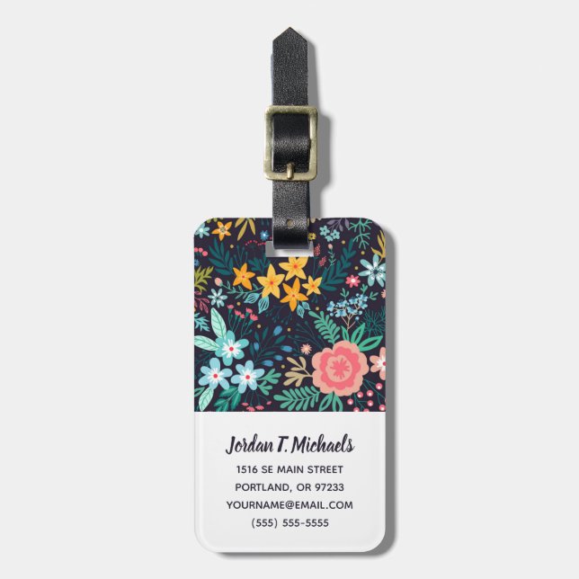 Étiquette À Bagage Ajoutez votre motif floral coloré | mignon nommé (Devant Vertical)