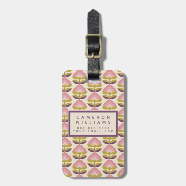 Étiquette À Bagage Ajoutez votre | rétros motifs floraux roses et (Devant Vertical)