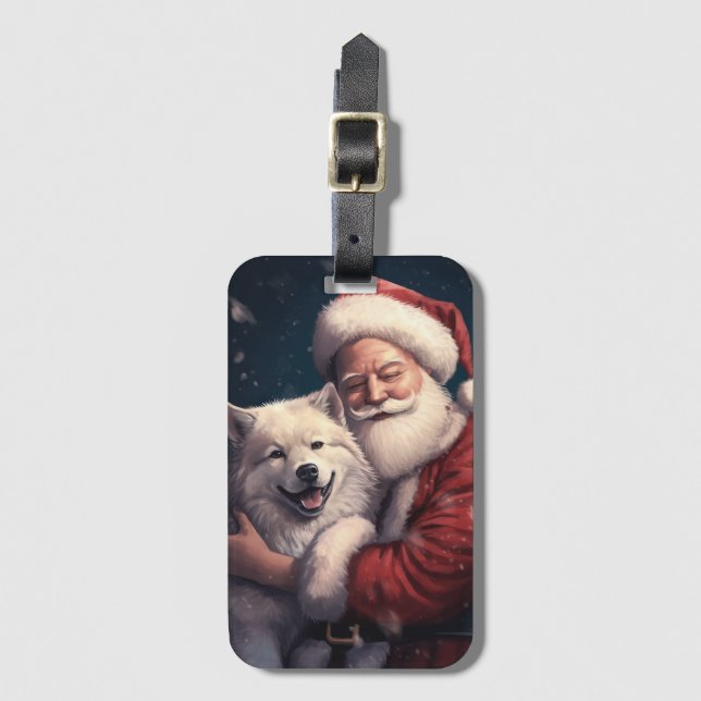 Étiquette À Bagage Akita avec Noël du Père Noël (Devant Vertical)