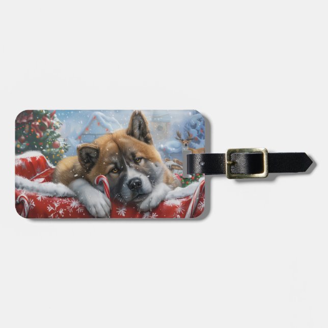 Étiquette À Bagage Akita Chien Festive de Noël (Devant horizontal)