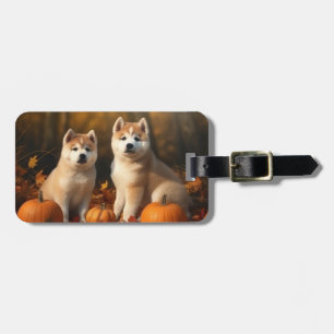 Étiquette À Bagage Akita Puppy Citrouille d'automne