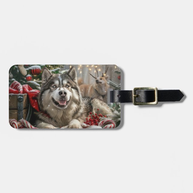 Étiquette À Bagage Alaskan Malamute Chien Fête de Noël (Devant horizontal)