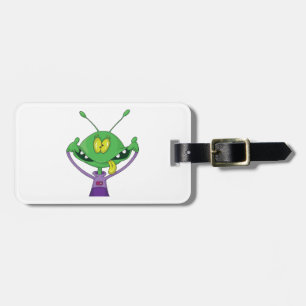 Étiquette À Bagage Alien vert drôle faisant une grimace idiote